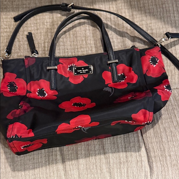 Kate Spade Black and Red Wilson Floral Alyse nylon satchel and Red poppy print